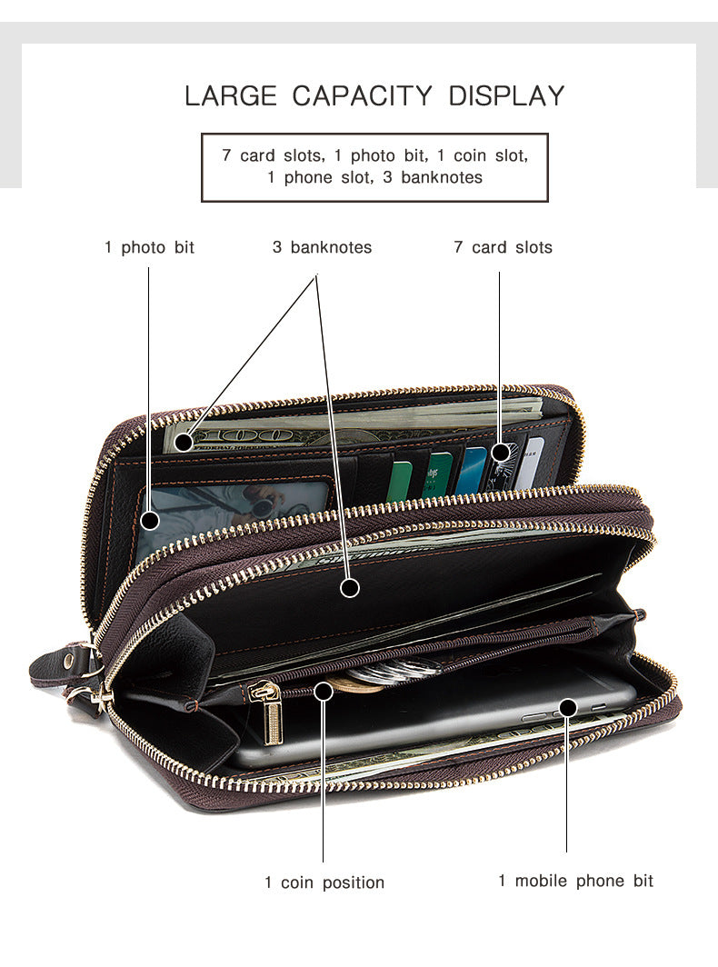 Men's Double Zipper Wallet Long First Layer Cowhide Large-capacity Handbag